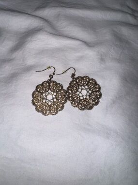 Gold Filigree Medallion Drop Earrings with Clear Rhinestones